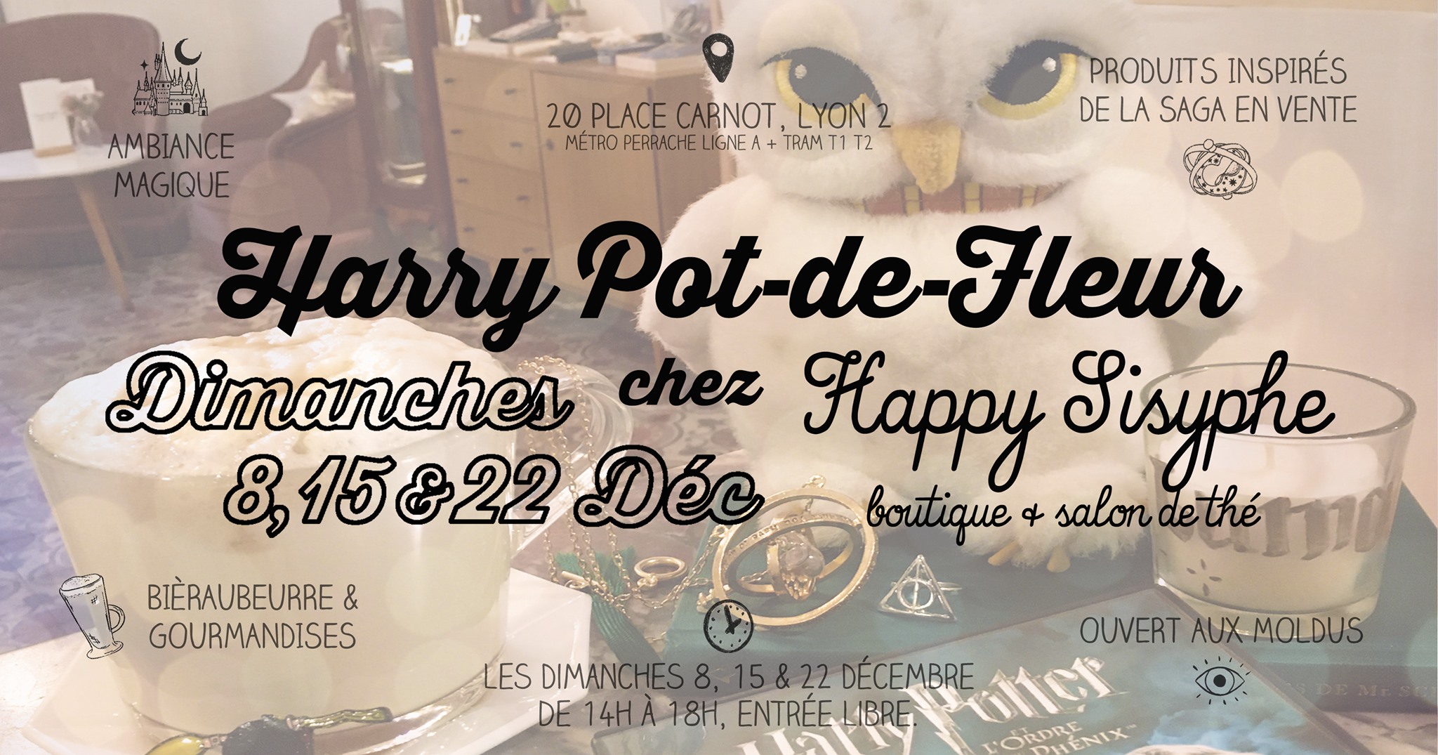 happy sisyphe lyon boutique salon de thé concept store harry potter potterhead lyonnais always reliques de la mort hermione ron poudlard la grande salle