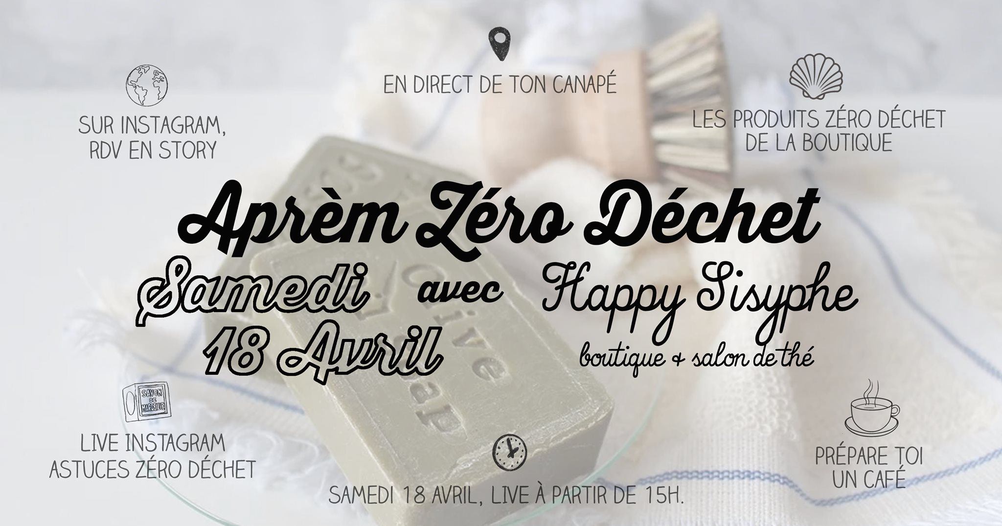 Nous voilà repartis pour un mois de plus en confinement.. Pour tous ceux et celles qui souhaiteraient mettre ce temps chez soi aux profits de réflexes écoresponsables, je propose une aprèm Zéro Déchet de ton canapé ce Samedi 18 Avril ! ♡ RDV EN STORY Publications & stories sur le thème Zéro Déchet pendant cet aprèm, n'hésite pas à poser tes questions ici en commentaire comme ça je pourrais préparer selon tes attentes. ♡ LES PRODUITS ZÉRO DÉCHET DE LA BOUTIQUE On fera un tour de la sélection proposée en boutique, mais également ce que tu peux commander sur le Eshop dès aujourd'hui (en Lettre Suivie, pas de déplacement en bureau de Poste) ♡ LIVE INSTAGRAM ASTUCES ZÉRO DÉCHET RDV à 15h en LIVE sur INSTAGRAM pour un petit moment à la cool dans ma salle de bain (et surement ma cuisine) pour parler savons, brosses à dents, éponges et bien plus histoire de limiter un max nos déchets ! J'essaierai de répondre à tes questions et de te donner des tips pour alléger ta poubelle (sans vider ton porte-monnaie). ♡ PRÉPARE TOI UN CAFÉ Prépare toi un café, un thé ou une soupe et installe toi bien pour passer un bon moment (presque) comme à la boutique. En attendant, prends soin de toi CHEZ TOI, A Samedi !