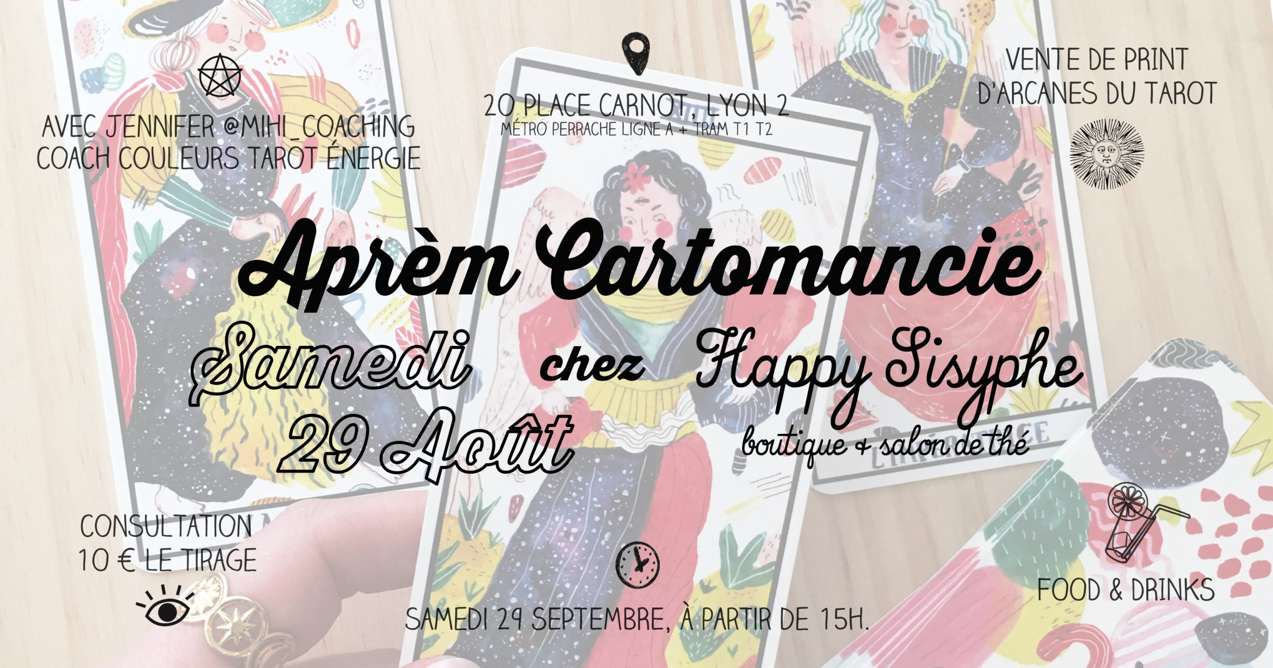 tarot de marseille illustration victoria dorche paris france made in fait main print aquarelle sorcière witchy rider waite lyon happy sisyphe boutique concept store evenement évènement aprèm tirage cartes oracles