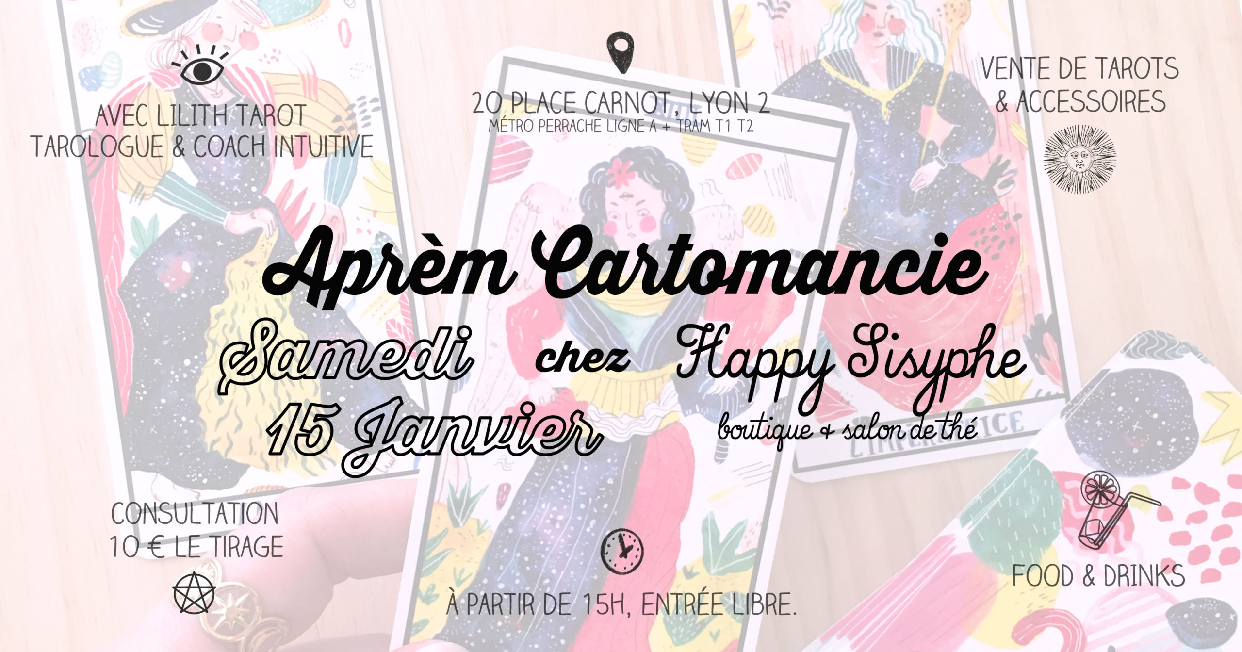 tarot de marseille illustration victoria dorche paris france made in fait main print aquarelle sorcière witchy rider waite lyon happy sisyphe boutique concept store evenement évènement aprèm tirage cartes oracles