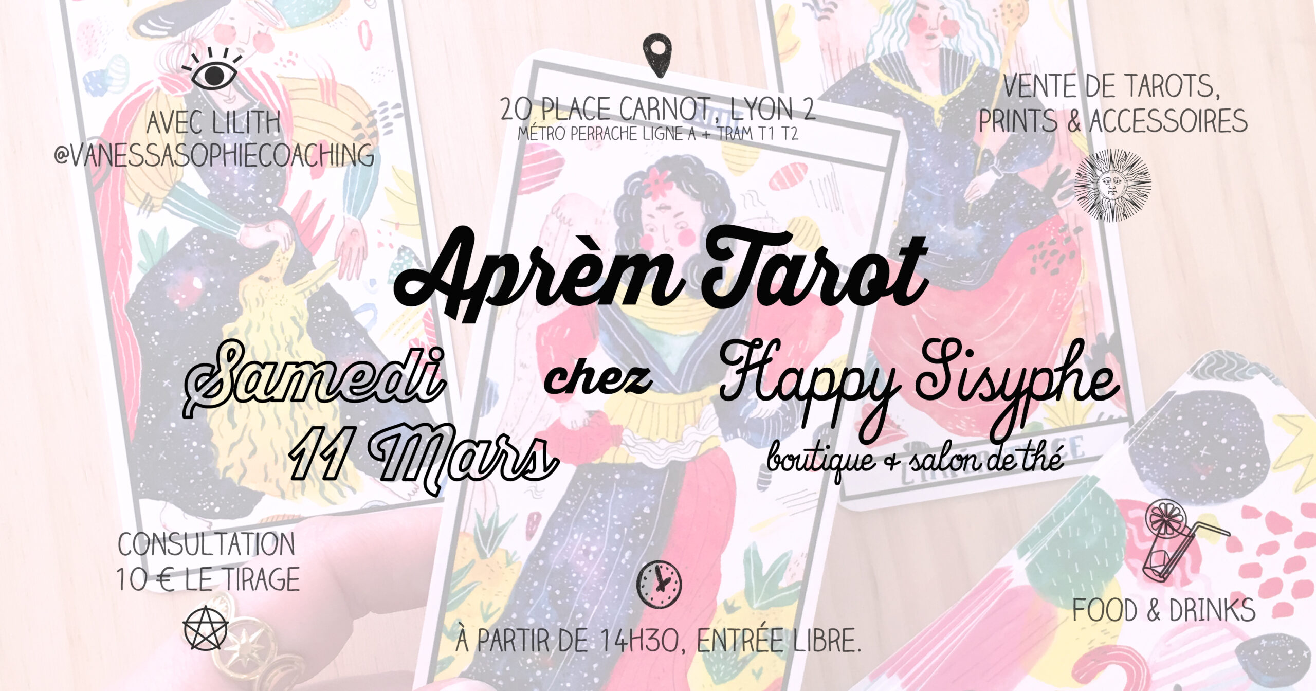 tarot de marseille illustration victoria dorche paris france made in fait main print aquarelle sorcière witchy rider waite lyon happy sisyphe boutique concept store evenement évènement aprèm tirage cartes oracles atelier initiation apprendre à tirer les cartes